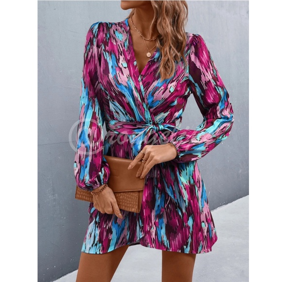 Printed Blue Purple Pink Wrap Short Dress Tie Belt Long Lantern Sleeve - Picture 2 of 10